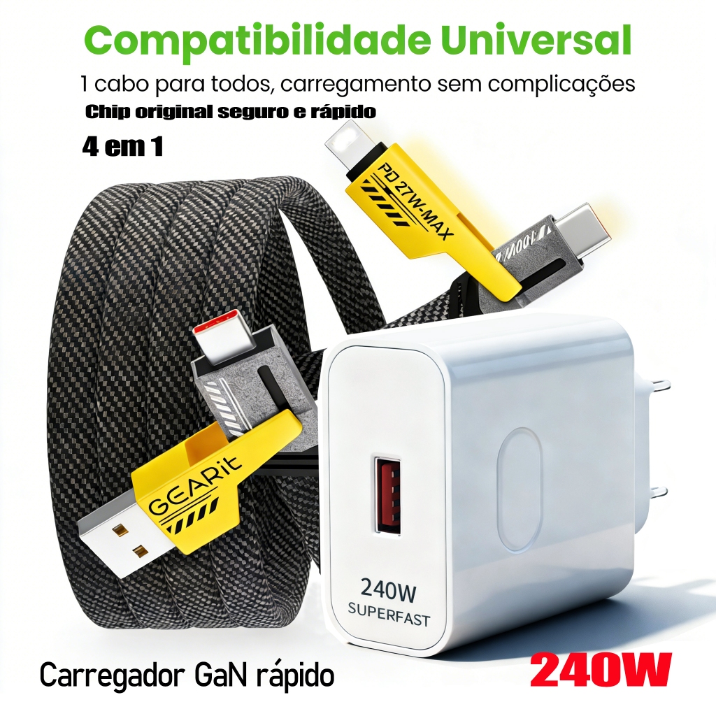 Carregador GaN 240W e Cabo 4 em 1 PD | Escolha: Cabo / Fonte / Combo | Compatível com iPhone/Samsung/Motorola