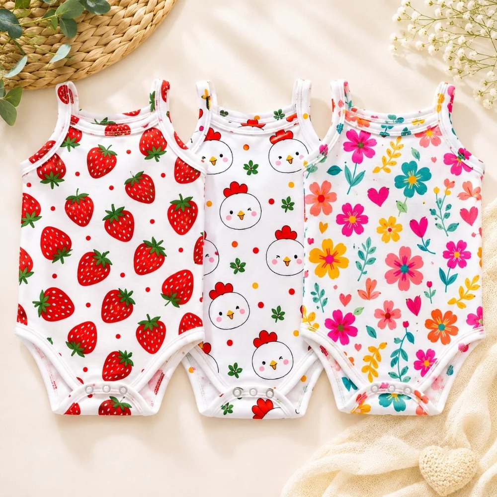 Kit 3 Body bebe 100% algodão alcinha roupa para bebes para verão estanpado para bebes com os tamanhos de 0 a 12 meses