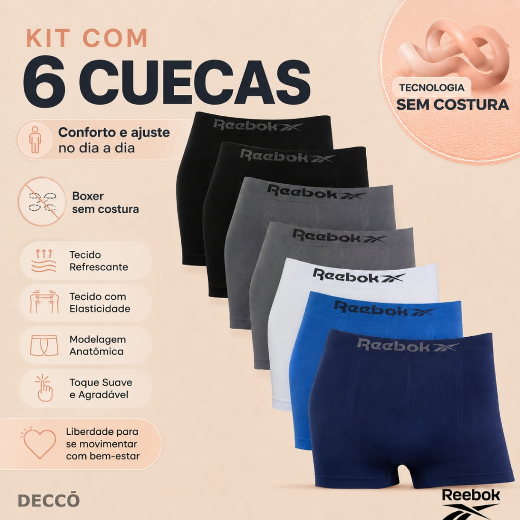 Kit 6 Cuecas Reebok Boxer Microfibra Classic Masculina Basica Box