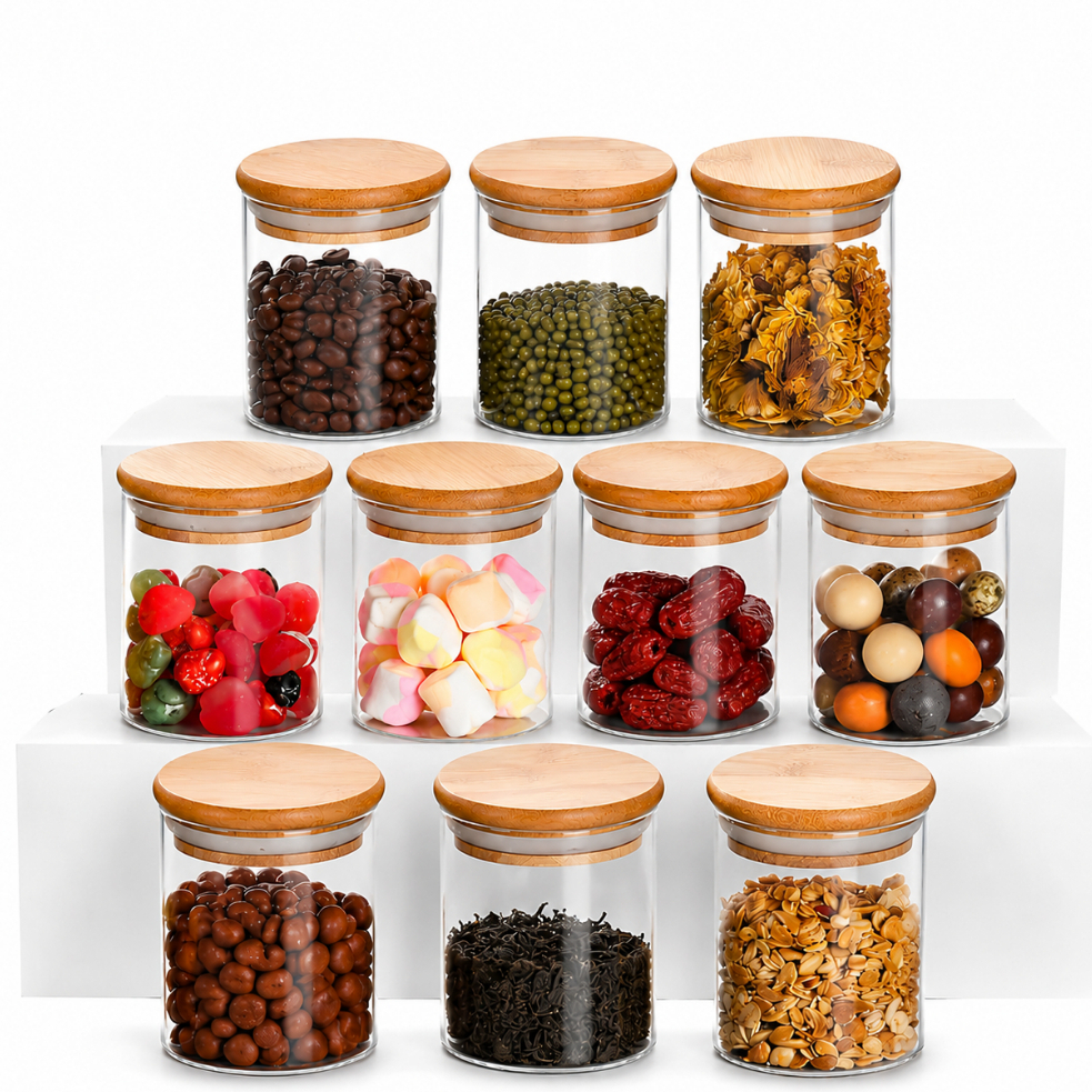 Kit 10 Potes De Vidro Com Tampa De Bambu Para Temperos Cozinha