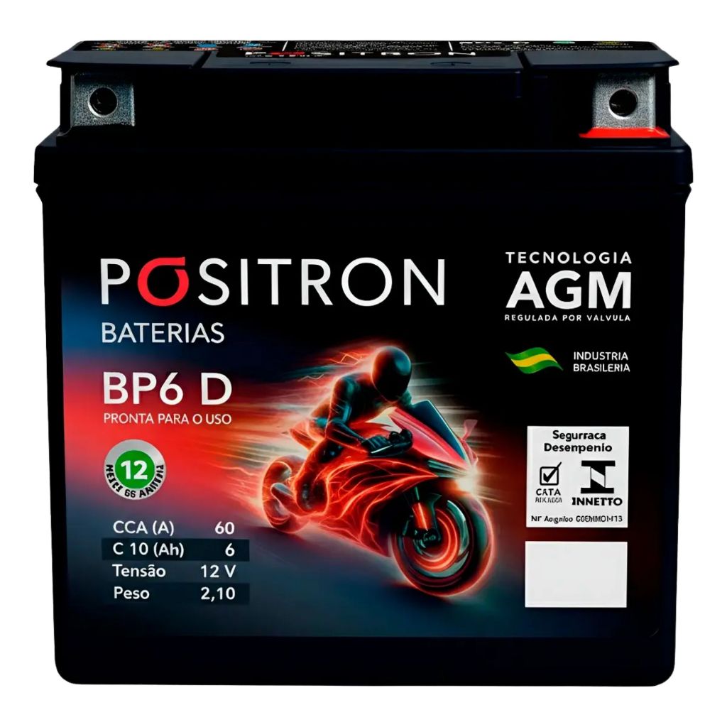 Bateria Pósitron Moto BP6-D 12V 6Ah Selada para Motocicleta