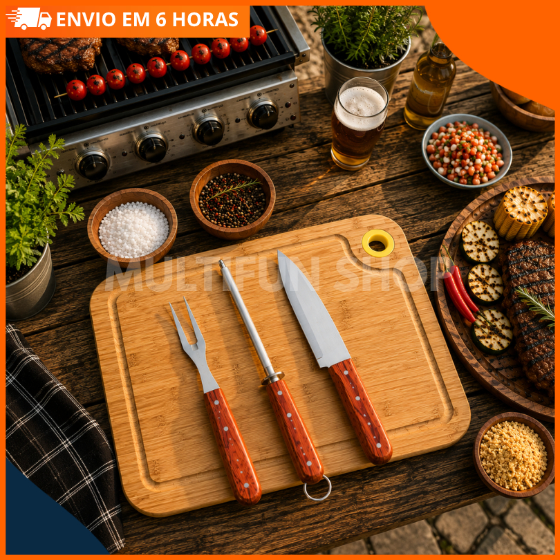 Jogo Para Churrasco Conjunto Faca Aço Inox Chaira E Garfo Trinchante Churrasqueiro Corte Preciso tábua de bambu