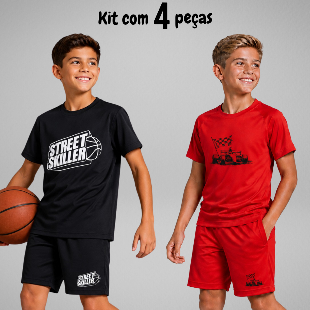 Kit 4 Peças Conjunto Infantil Dry Fit Menino Esportivo - 2 Camisas + 2 Bermudas - Verão Calor Masculino Corrida Academia