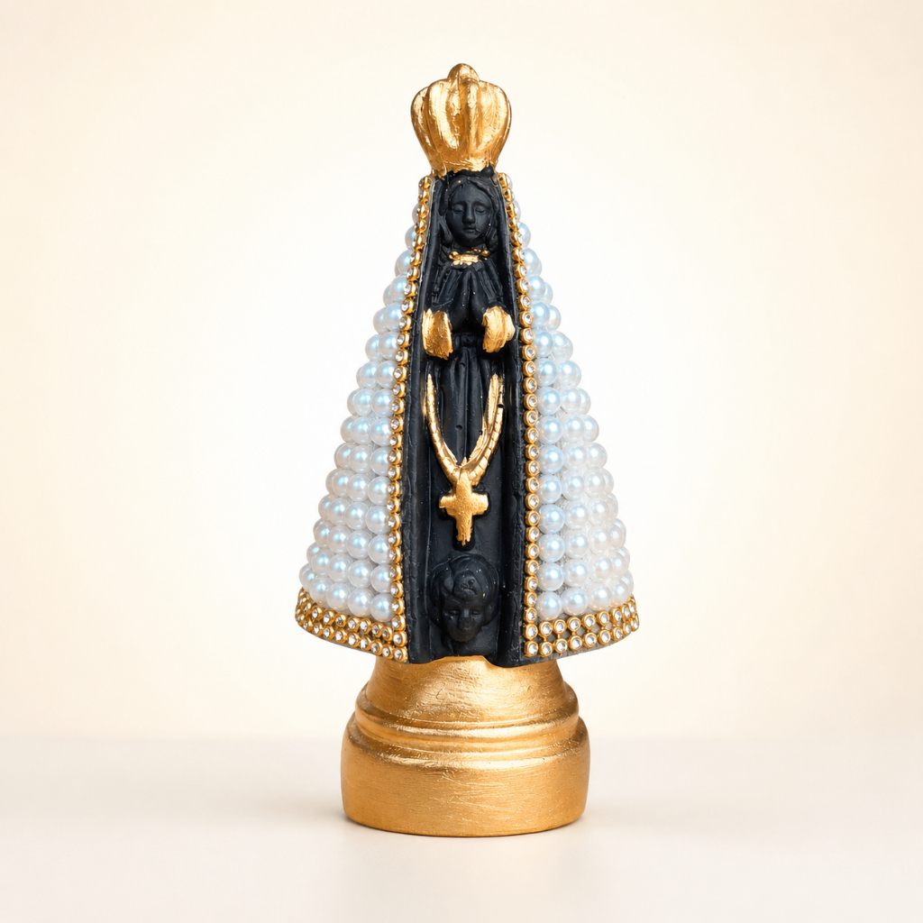 Imagem Nossa Senhora Aparecida 15cm Com Pérolas Decorada | Estátua Católica Religiosa | Decoração de Mesa e Altar