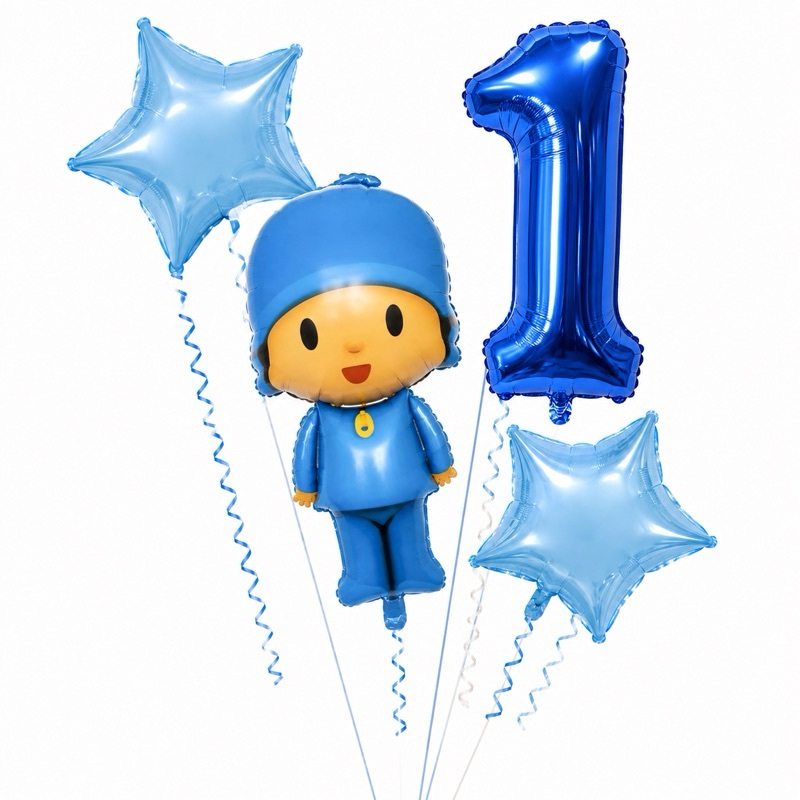 Kit c/5balões metalizado Pocoyo corpo mede 50cm, redondo, estrela mede 45cm