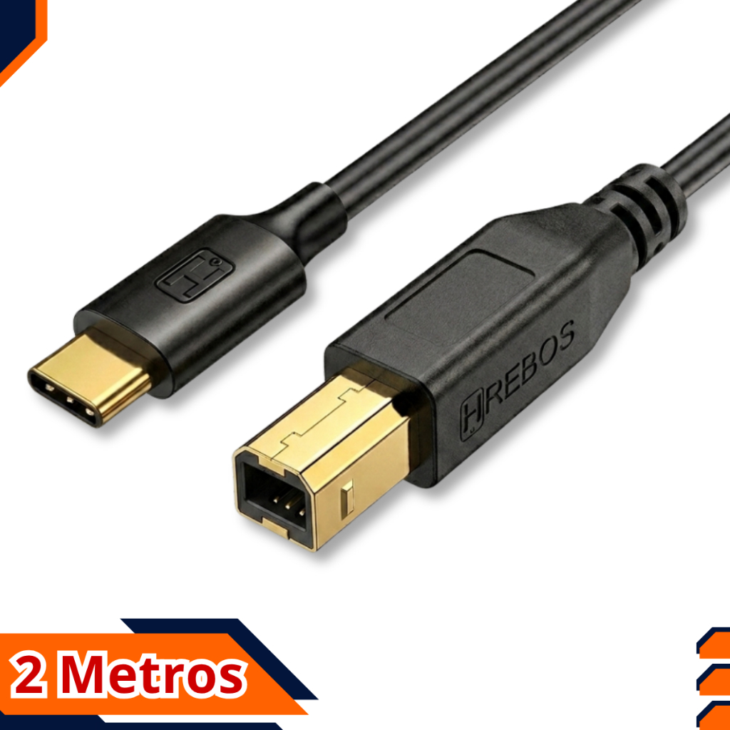 Cabo para Impressora Tipo-C x USB-B - 2 Metros Padrão Universal Multifuncional Scanner Tipo C