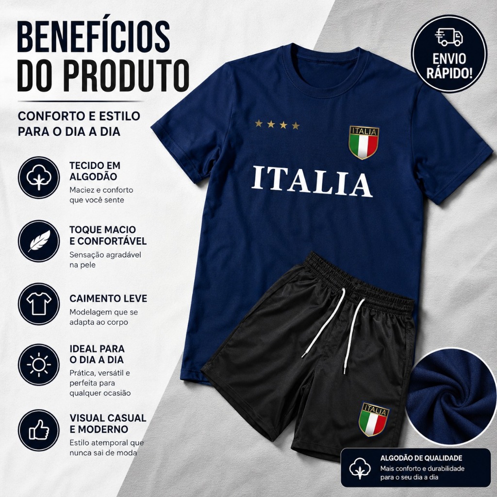 Kit Camisa e Short Tactel Masculino Confortavel Italia Estiloso Tendencia Casual Moderno Macio Verão