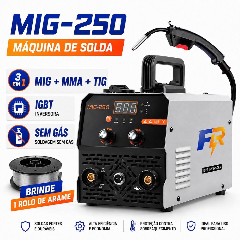 Máquina de Solda MIG-250 3 em 1 MIG MMA TIG Inversora IGBT Sem Gás Portátil 110V ou 220V