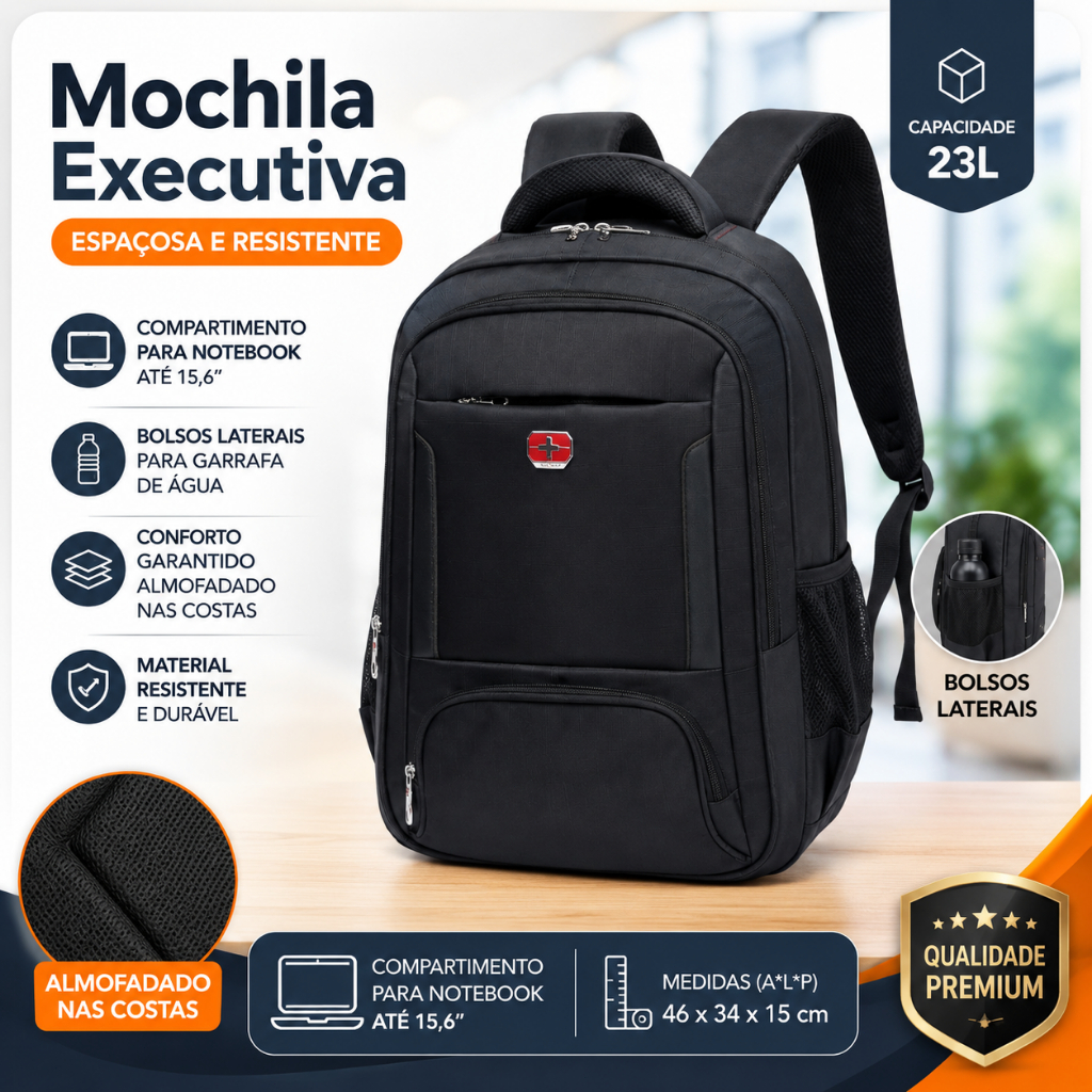 Mochila Swicky Executiva para Notebook 15,6" Reforçada 23L para Trabalho Faculdade Viagem