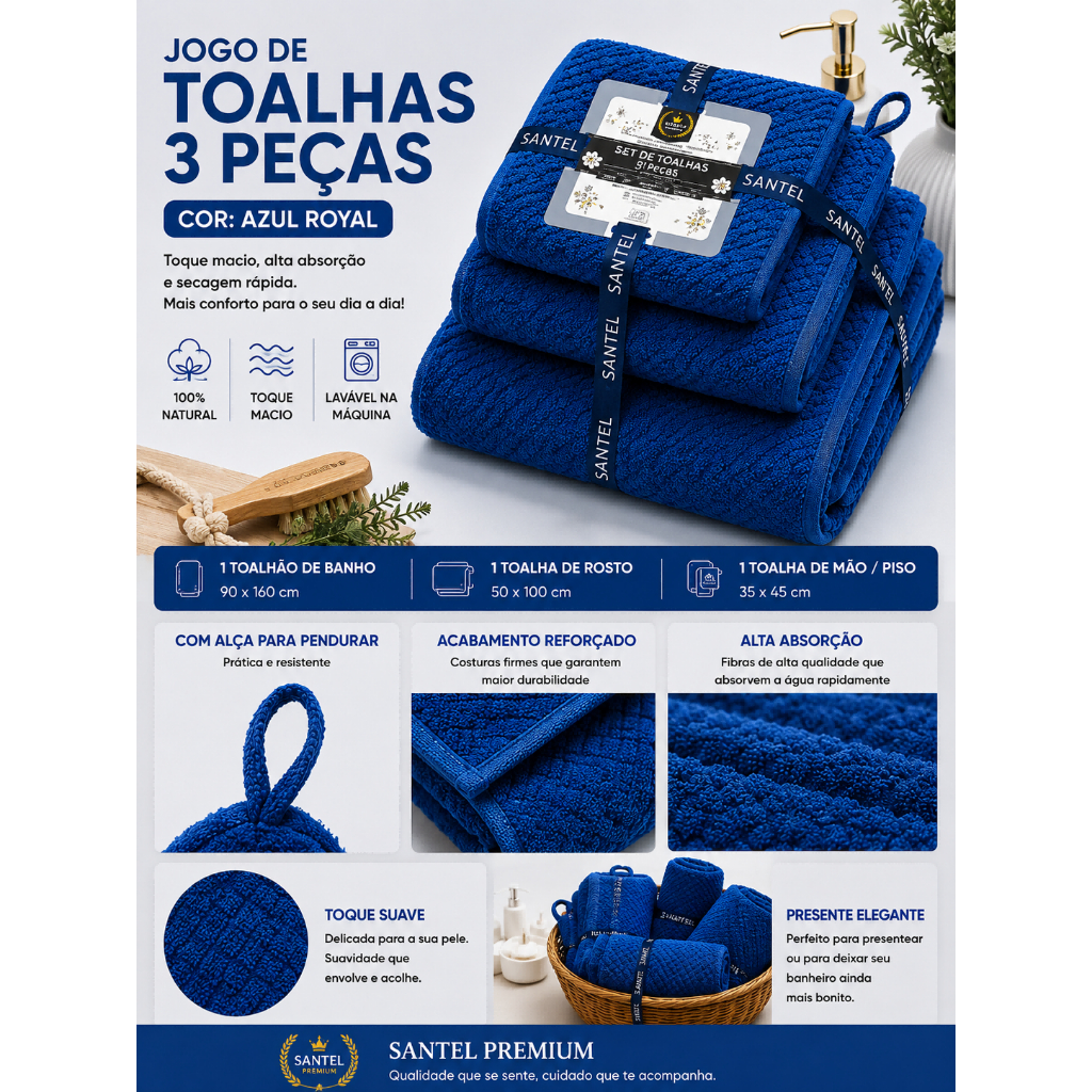 Kit Jogo de Toalhas 3 Peças Premium Toalhão Grande 90x160 + Rosto + Mão Macias e Absorventes