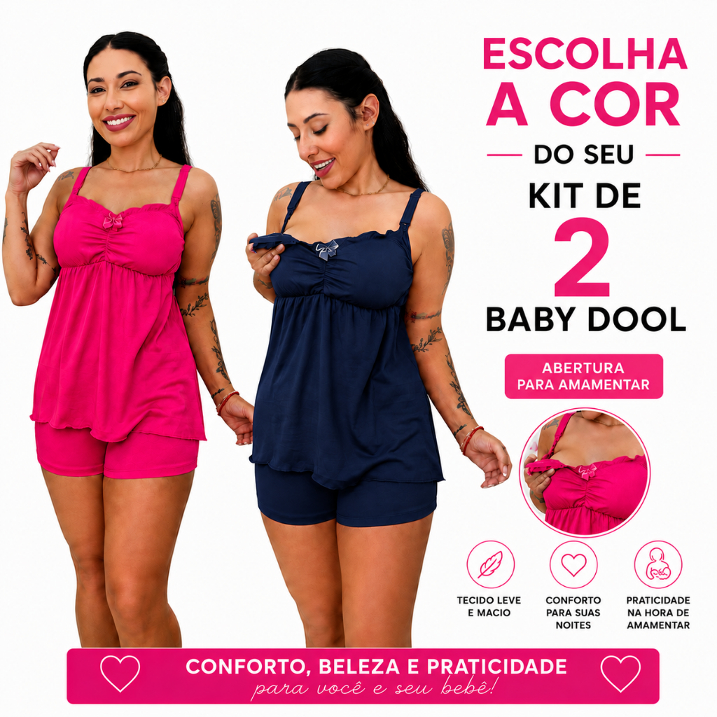Kit 2 Baby Doll Amamentação Liso Pijama Verão Confortável Microfibra Gestante Moda Noite Puerpério