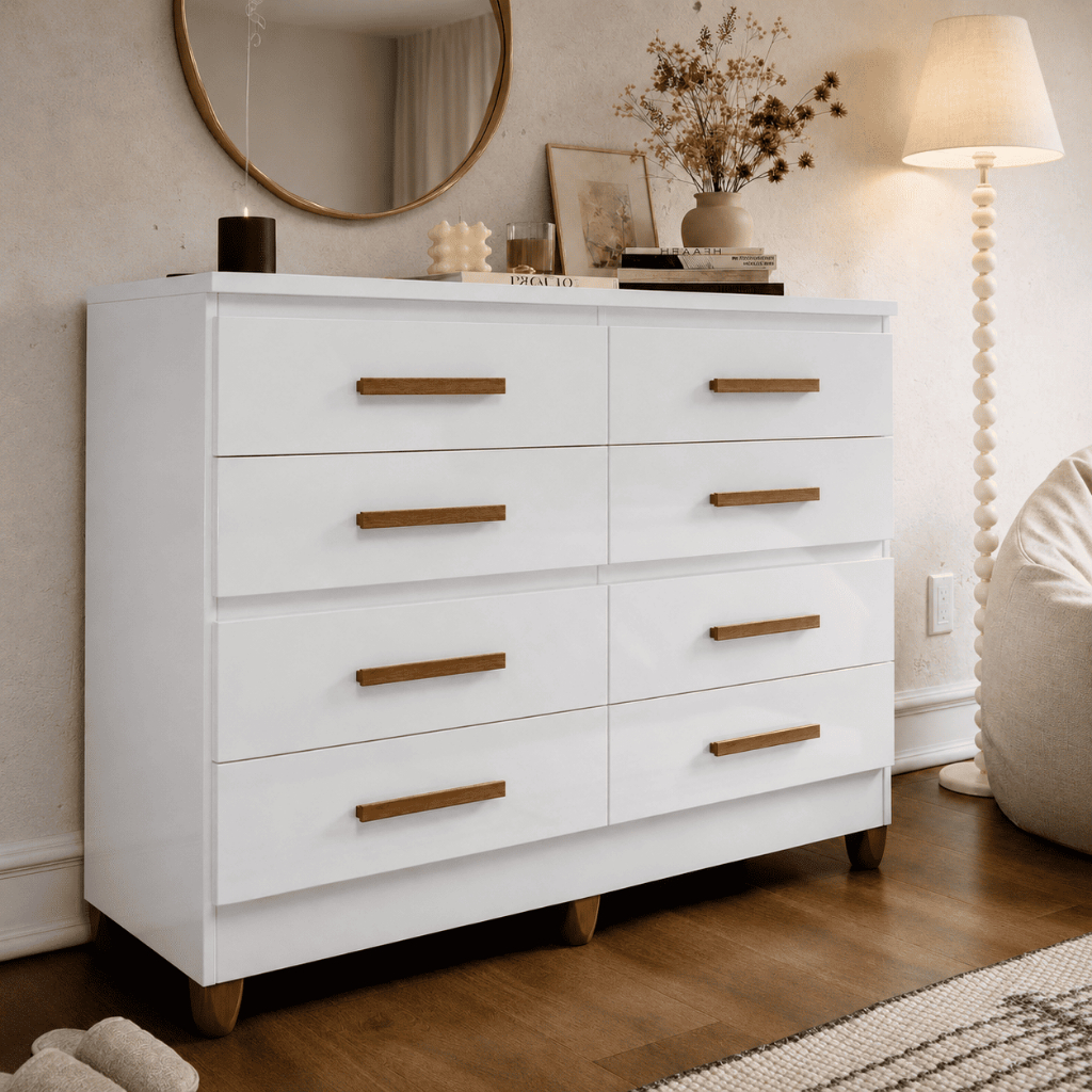 Cômoda 8 Gavetas Para Quarto Casal Grande Com Puxadores Pés Organizadora De Roupas Multiuso Lite
