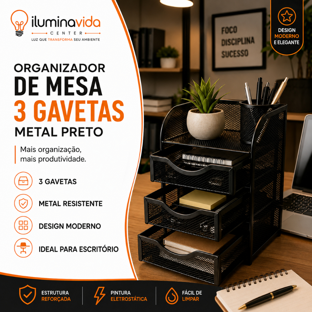 Organizador de Mesa 3 Gavetas em Metal Preto – Porta Documentos e Escritório