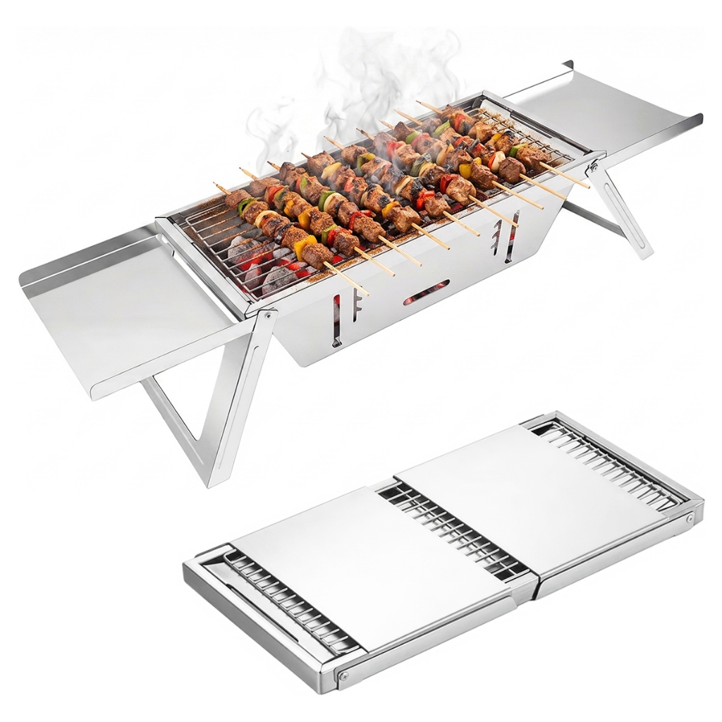 Churrasqueira Portátil Inox Dobrável Maleta Churrasco Jardim Camping Leve e Resistente ao Calor