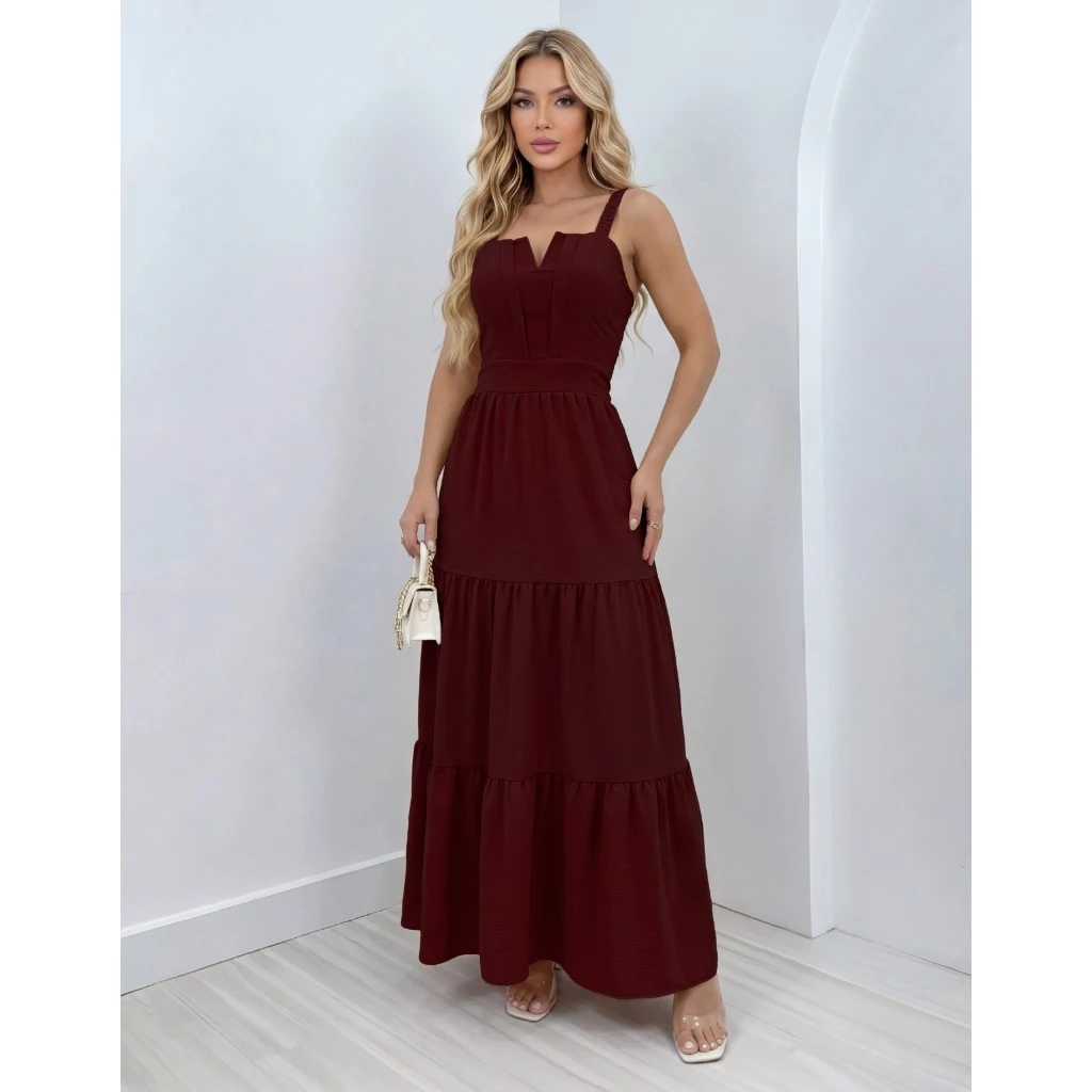 Vestido Feminino Longo Alcinha Camadas Acinturado Elegante Festa