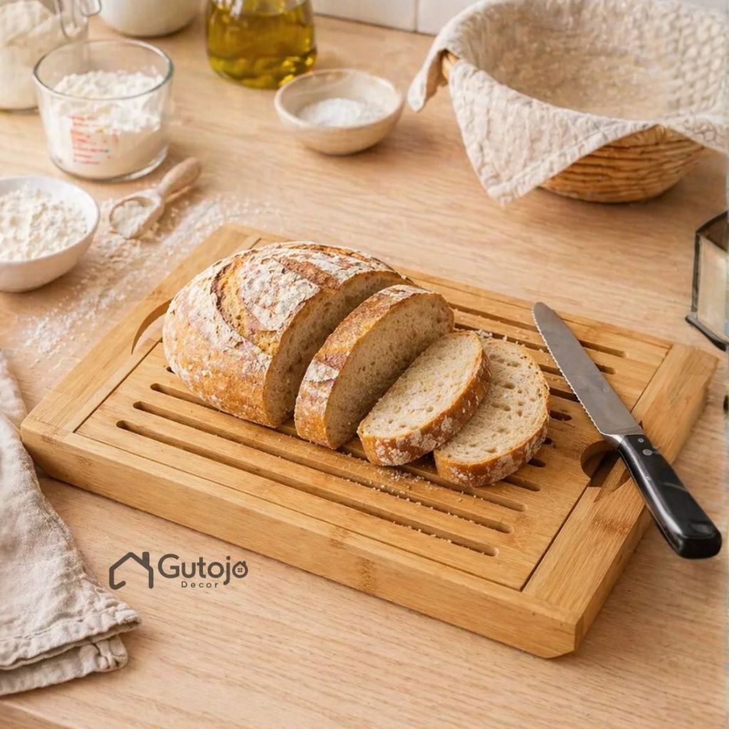 Tábua de Corte Migalheira de Bambu Para Pão Bolo Com Bandeja Coletora Multiuso