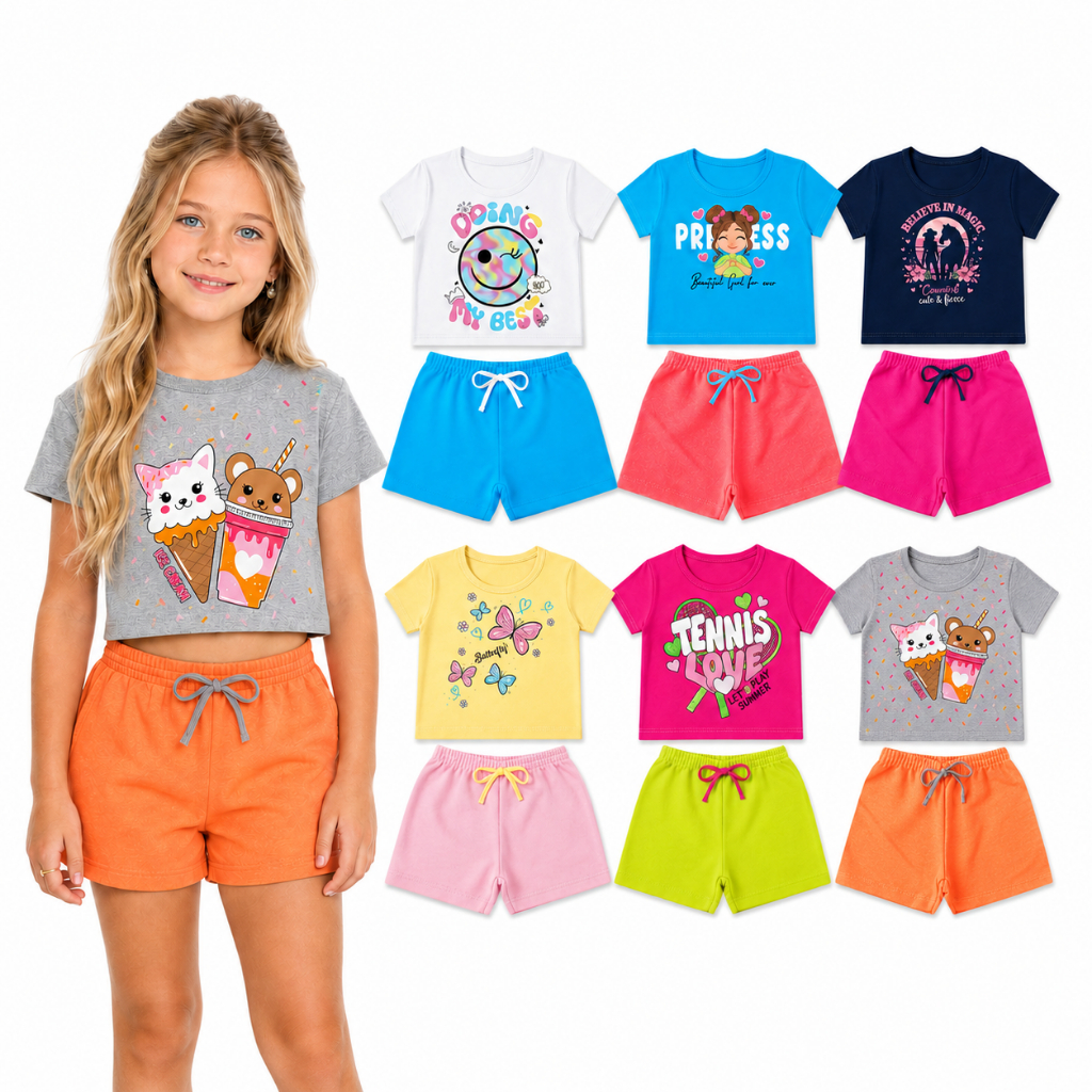 Kit Conjuntos Menina Camisetas + Bermudas Infantil - Conjunto Feminino Verao Calor 1 ao 14 Cropped Casual
