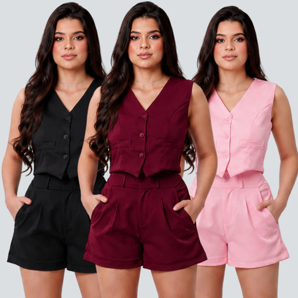 Conjunto Colete e Short Alfaiataria Feminino Elegante Moda Tendência — imagem 1