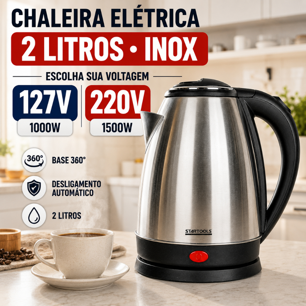 Chaleira Elétrica Inox 2 Litros 127V 220V Jarra Automática 1000W 1500W Base 360° Desligamento Automático