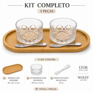 Petisqueira Lyor Wolff kit 5 Peças – Bandeja Bambu + 2 Petisqueiras Cristal + 2 Espátulas inox