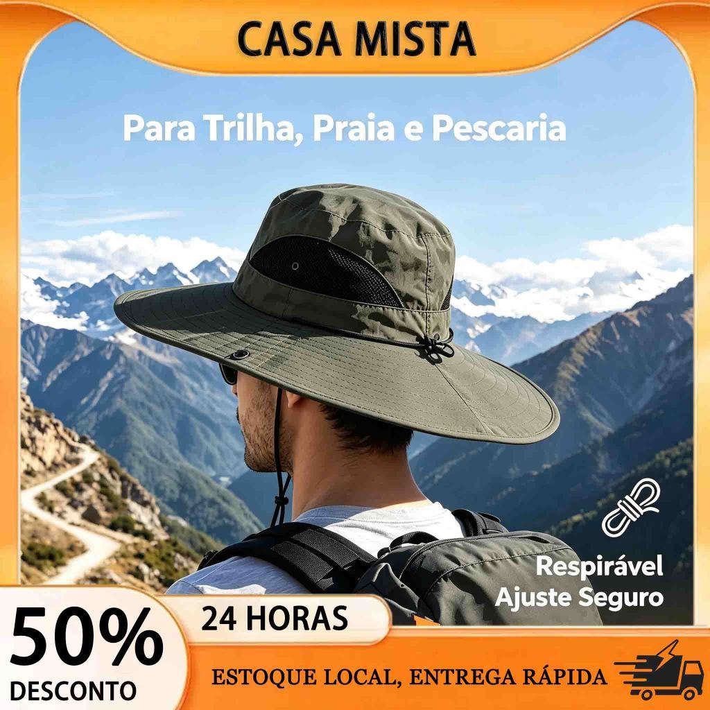 Chapéu Pescador Preto Aba Larga Proteção Solar UV, Leve e Dobrável, Ideal para Caminhada, Pesca e Camping