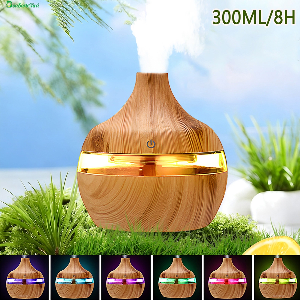 Umidificador De Ar E Aromatizador 8 Horas 4 Em 1 Multifuncional Madeira Ultrassonico Usb 300ml Com Led Para Quarto