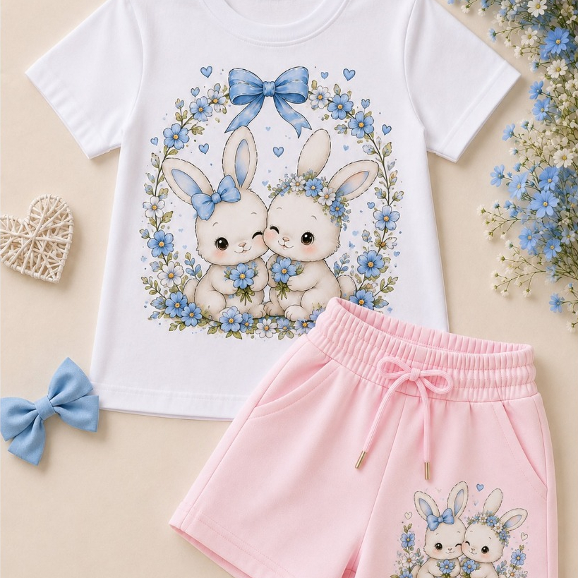 CONJUNTO FEMININO INFANTIL DE BERMUDA E CAMISETA CASAL DE COELHINHOS