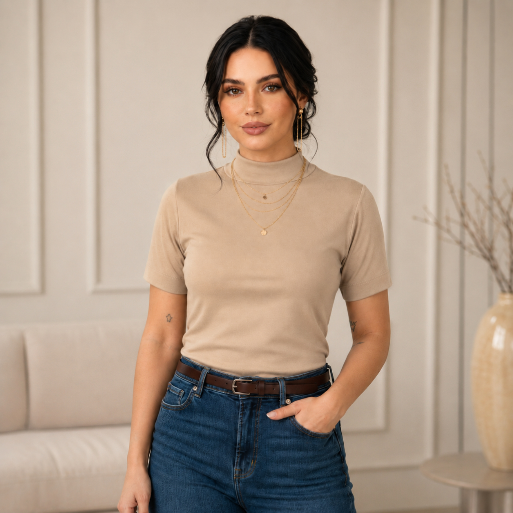 Blusa Feminina T -Shirt Gola Alta Camiseta Algodão Estilosa Unidade ou Kit com 2 ou 3