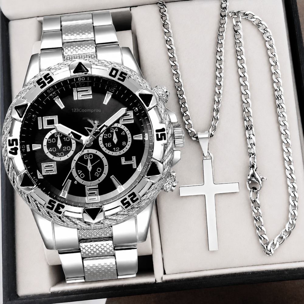 Kit Conjunto Relógio Masculino Aço Inox Resistente a Água Com Corrente Cruz e Pulseira Presente Dia Dos Pais