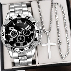 Kit Conjunto Relógio Masculino Aço Inox Resistente a Água Com Corrente Cruz e Pulseira Presente Dia Dos Pais