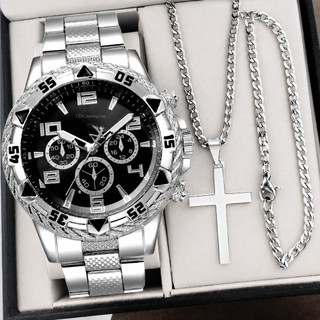 Kit Conjunto Relógio Masculino Aço Inox Resistente a Água Com Corrente Cruz e Pulseira Pr…