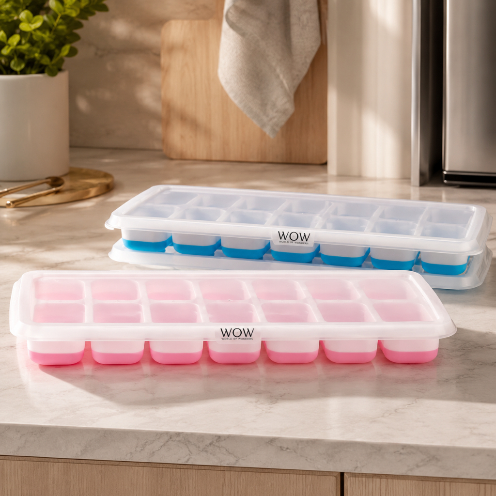 Kit 4 Forma De Gelo Fundo Silicone 14 Cubos Tampa Rígida