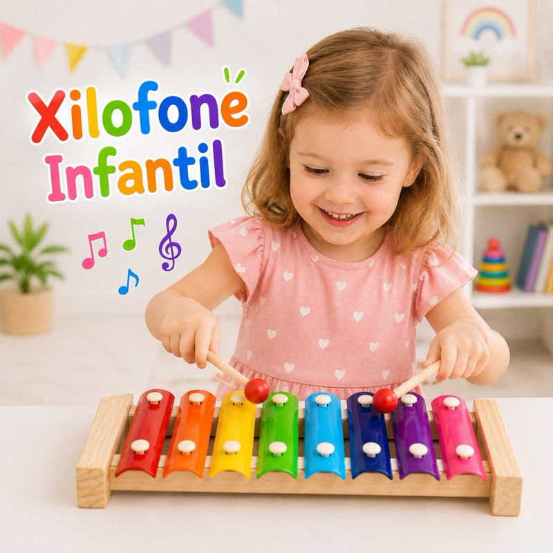 Xilofone Infantil de Madeira 8 Notas com 2 Baquetas Brinquedo Musical Educativo Colorido
