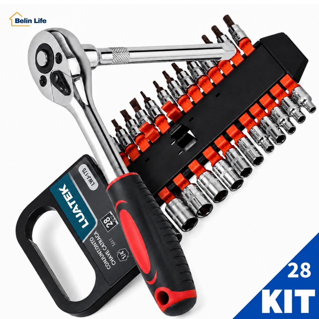 Kit Catraca Reversível 1/4 LUATEK LWJ-175 com 12 Soquetes e 14 Bits 28 Peças