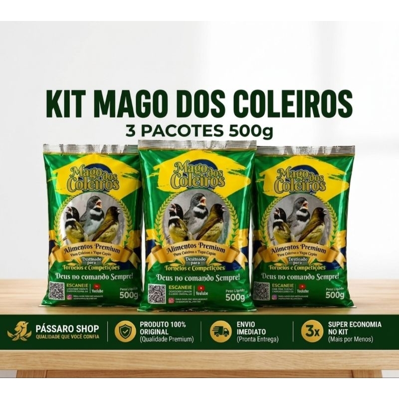 Kit Oficial 3 Rações Mago dos Coleiros Premium 500g | Coleiro e Papa-Capim | 1,5 kg