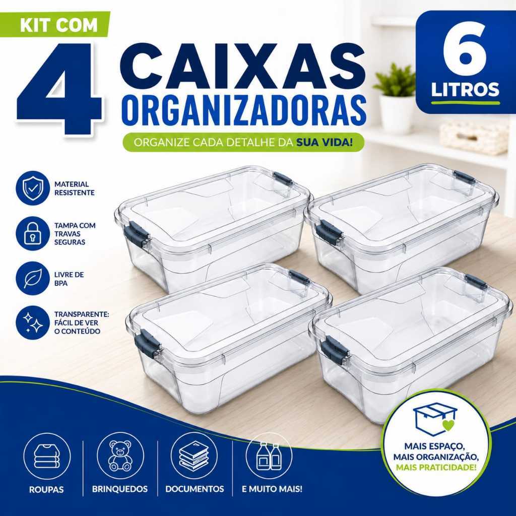 Kit Com 4 Organizador De Ambientes Caixa Organizadora 6 Litros Transparente Tampa Travas Caixa Organizadora