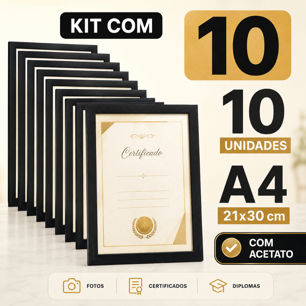 Kit com 10 ou 5 Molduras Pretas A4 21x30 cm para Fotos, Certificados, Diplomas, Artes, Imagens com Acetato e Fundo
