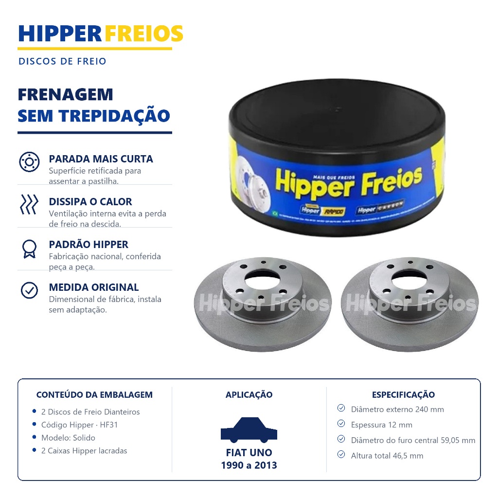 Par Disco Freio Solido Fiat Uno 1990 Até 2013 Hipper Freios HF31