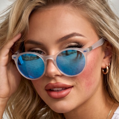 Óculos de Sol Bali Branco Azul Espelhado Redondo Premium Corrida Funk Steampunk uv400 Feminino