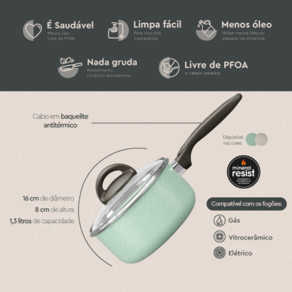 Panela com Tampa 16cm Revestimento Antiaderente Cerâmico Suprema Brinox - Vanilla e Verde · foto 2