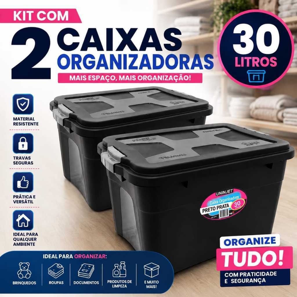 kit Com 2 Organizador Caixa 30 Litros Organizadora Ambientes Com Tampa Moderna Caixa Organizadora