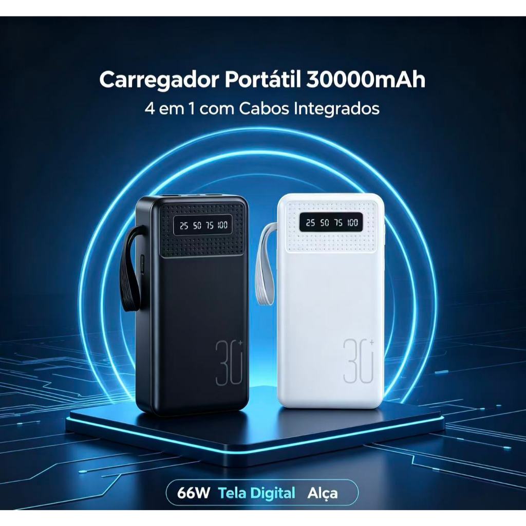 Carregador Power Bank Portátil 30000mah Universal Saida 4 Cabos QD505
