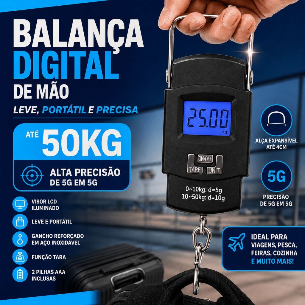 Imagem Balança Digital de Mão 50kg com Gancho Visor LCD Portátil para Mala Bagagem Viagem Pesca Função Tara
