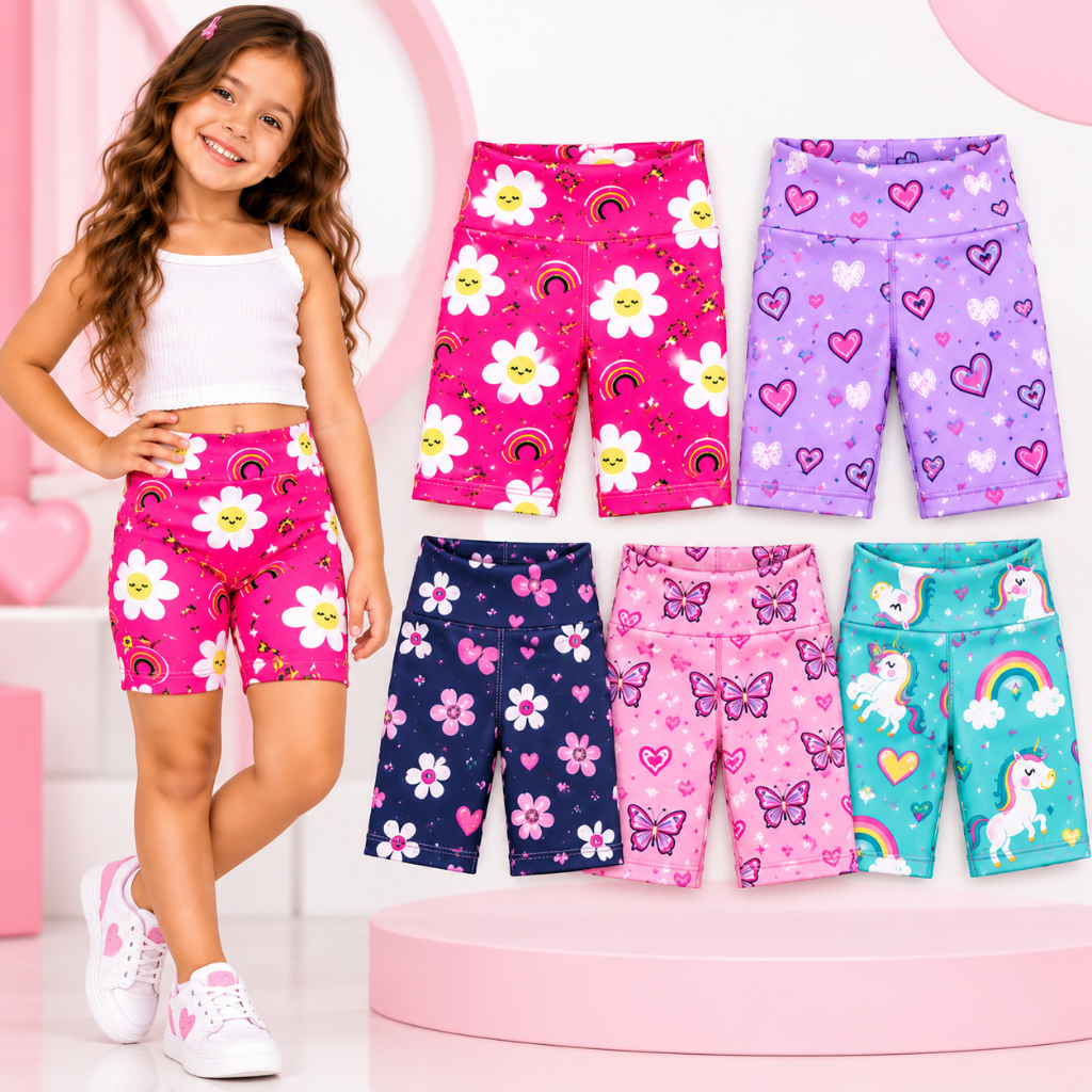 Kit 3 Bermudas Infantil Feminina Ciclista Estampada Suplex Confortável Menina Verão ESTAMPAS ENVIADA SORTIDAS