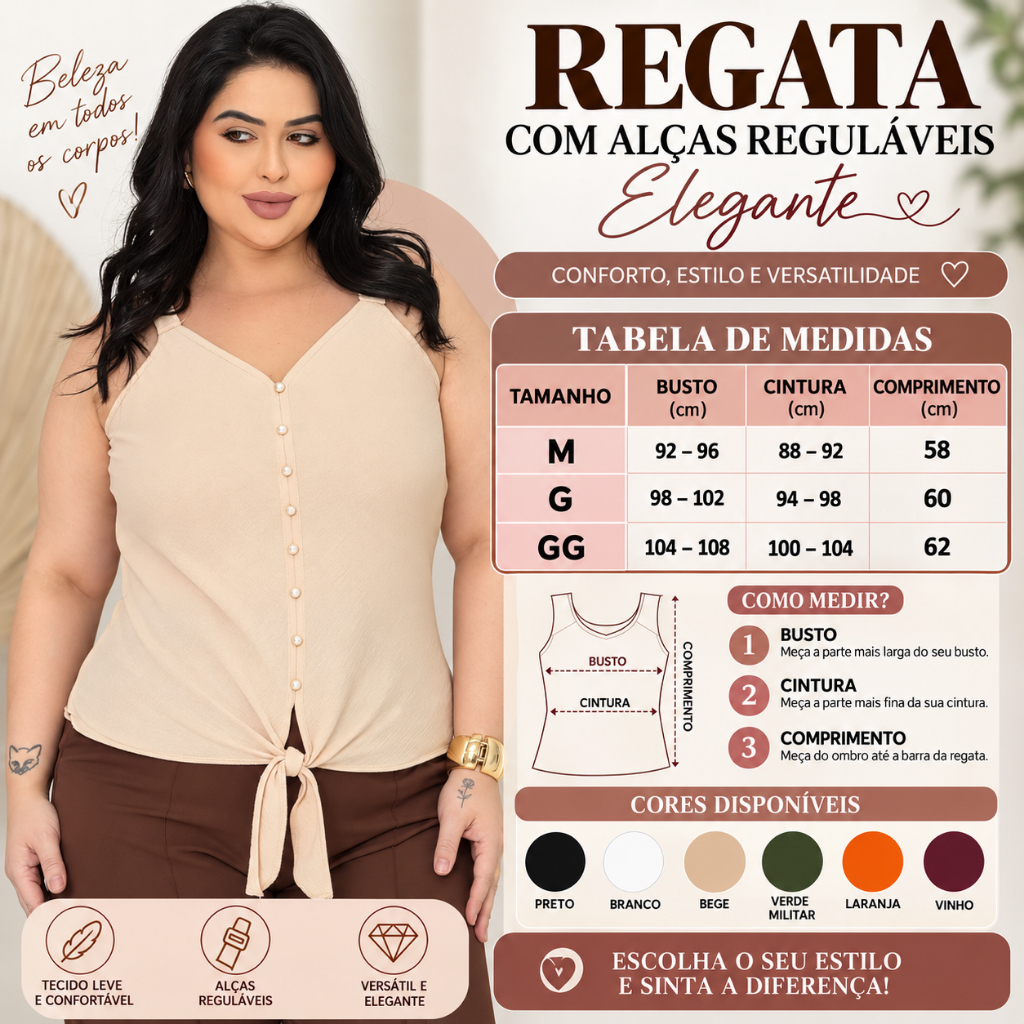 Blusa  Regata feminina  elegante confortável  com alças reguláveis top tendência 2026
