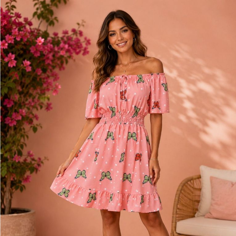 Vestido Ciganinha Curto em Crepinho com Laço, Elastex na Cintura | Veste do 38 ao 42 | Várias Cores