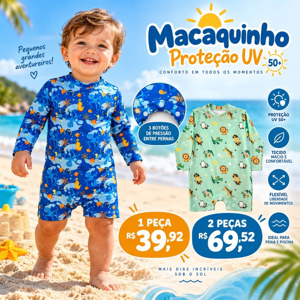 Macaquinho Menino Bebê Praia Com Proteção Solar Uv50+ M ao 3 Anos Romper Praia e Piscina