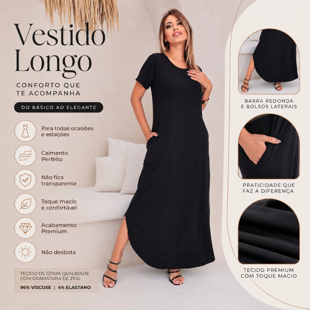Vestido Longo Feminino com Bolso Lateral Elegante Casual Confortável Verão Manga Curta Soltinho 96% Viscose 4% Elastano