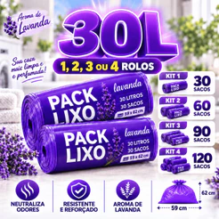 Sacos de Lixo Perfumado Lavanda 30 Litros Neutraliza Odores Econômico Resistente Cheiroso 59x62