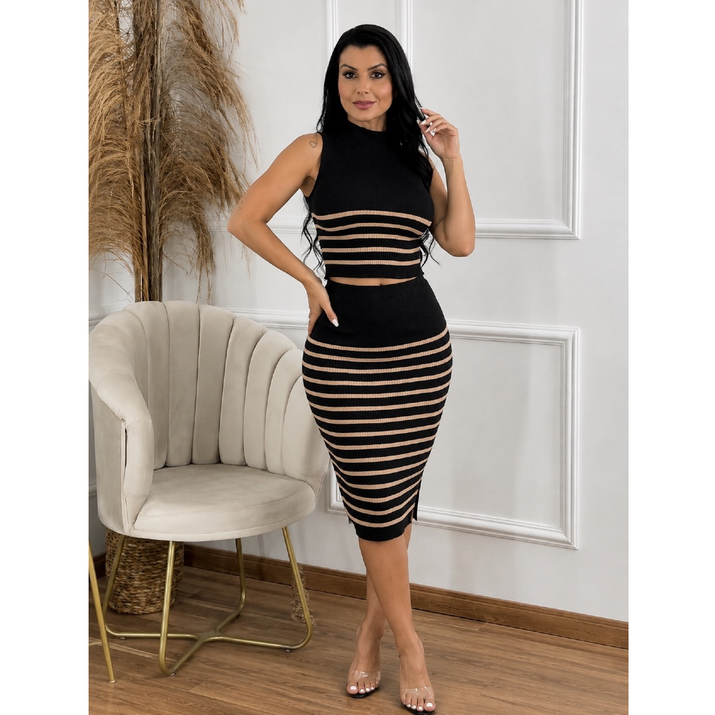 Conjunto Feminino Cropped + Saia Midi Canelada Tricot Casual Tendência Versátil Moda Fashion